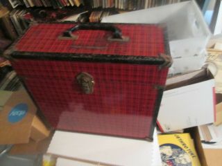 Unique Red Black Plaid Metal On Wood 12 " Lp Record Carry Case Holds Lps Antique
