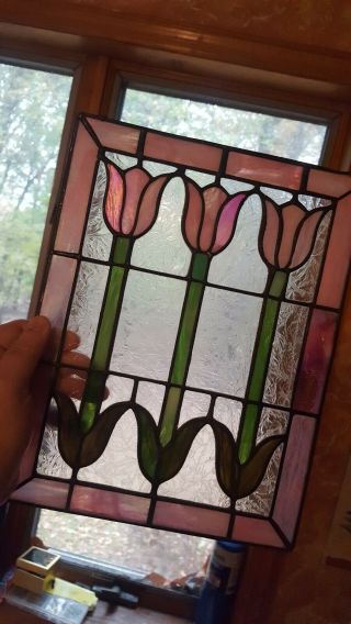 3 Tulip Floral Design Tiffany Style Stained Glass Window Panel 12 X 9 1/4 "