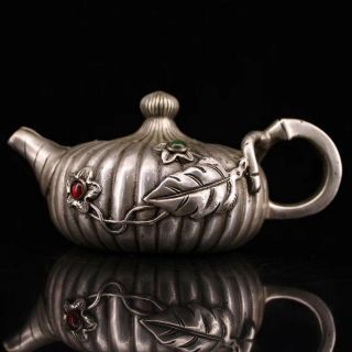 China Collectable Old Miao Silver Carve Pumpkin Flower Inlay Agate Lucky Tea Pot