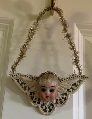Antique Victorian French Bisque Doll Head Lace Tinsel Christmas Ornament 4 1/4”w
