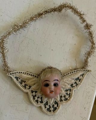 Antique Victorian French bisque doll head Lace Tinsel Christmas ornament 4 1/4”W 2