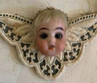 Antique Victorian French bisque doll head Lace Tinsel Christmas ornament 4 1/4”W 3