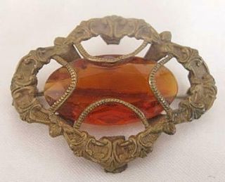 Antique Edwardian Style Brass & Large Amber/topaz Stone Bar Pin Brooch