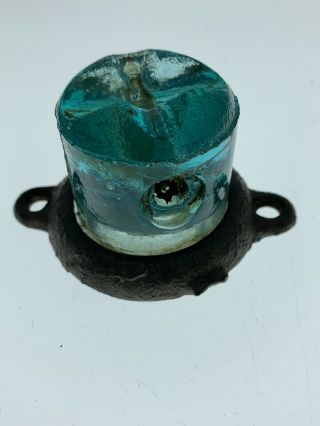 Antique Vtg Glass Lightning Rod Insulator Metal Bracket Holder Mount Aqua Blue B
