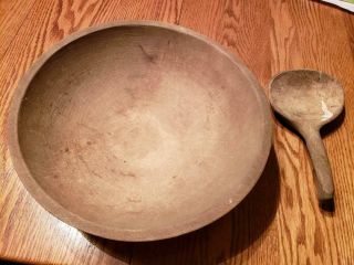 Early Primitive Carved Wood Bowl And Paddle Dough Butter