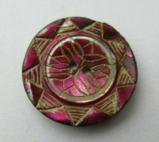 Marvelous Antique Vtg Dyed Carved Mop Shell Button Incised Gold Luster 3/4 " (h)