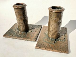 Antique Pair Arts & Crafts Stickley Era Hand Hammered Copper Candlesticks