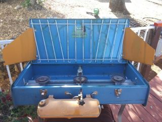 Vintage Sears And Roebuck Co 3 Burner Blue Camp Stove Made In Usa
