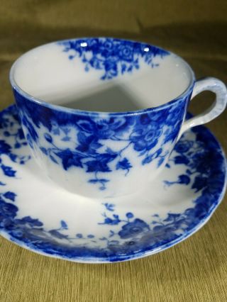 Rare Antique Burgess & Leigh Flow Blue And White Cup And Saucer Vermont Pattern