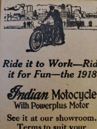 Vintage Antique 1918 Indian Motorcycle Newspaper Print Ad