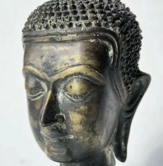 Antique 17/18th Century Thai Chinese Temple Buddha Bronze Head W/ Stand 2