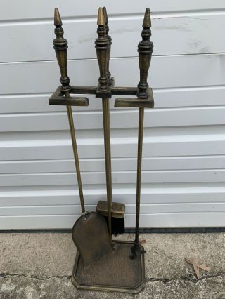 Vintage Antiqued Brass 4 Piece Fire Place Tool Set & Stand - Hearth Tool Set