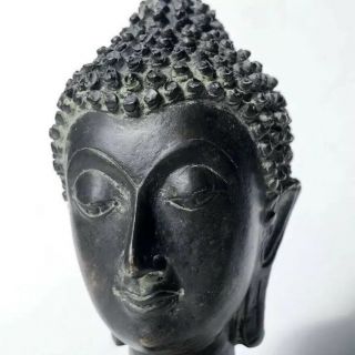 Antique 17/18th Century Thai Chinese Temple Buddha Bronze Head W/ Stand 1