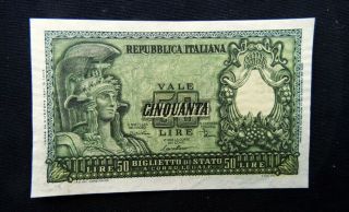 1951 Italy Rare Banknote 50 Lire Aunc Italia Elmata