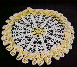 Vintage Antique Hand Crocheted Lace Doily Tablecloth 12 " Ruffled Yellow Wedding