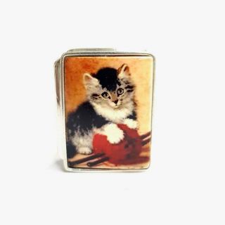 Victorian Style Enamel Kitten With Yarn Pill Snuff Box 925 Sterling Silver