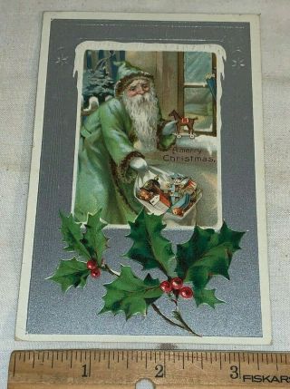 Antique Victorian Santa Claus A Merry Christmas Green Robe Postcard Toy Horse