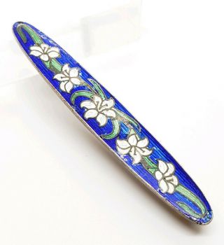 Antique Hallmarked Sterling Silver Victorian Lily Floral Guilloche Enamel Brooch