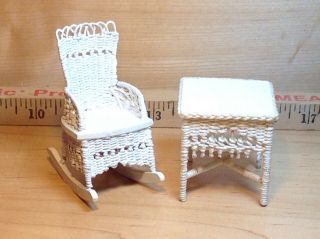 Vintage Miniature Dollhouse 1:12 White Wicker Table And Rocking Chair