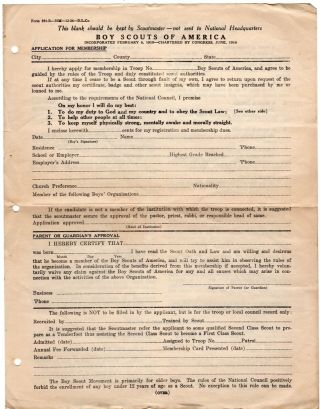 Boy Scouts Of America Scout Application For Membership 1920 