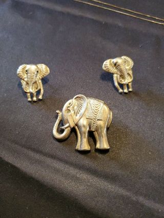 Large Antique Sterling Silver Elephant Earrings And Pendant Broach Vintage