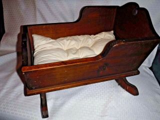Vintage Rocking Baby Doll Bed Solid Wood Toy Cradle Crib W Mattress