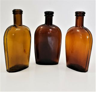 3 Antique Strap Side Whiskey Flasks Half Pint Amber Glass Smooth Base