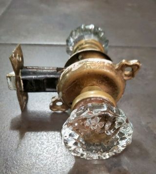 Vintage Antique Glass Door Knob With Spindle,  Brass Plates And Lock 12 Sided