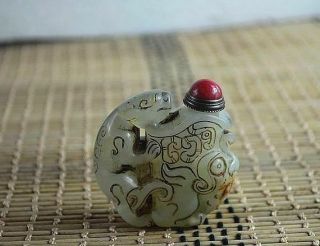 Exquisite Chinese Antique Old Hetian Jade Dragon Snuff Bottle Z476