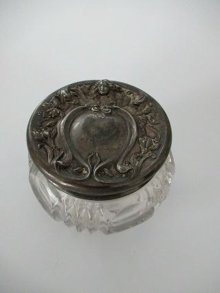 Antique Victorian Glass Dresser Powder Jar With Silverplated Repousse Lid