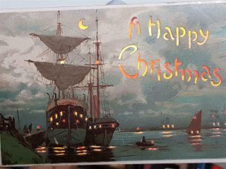 1900`s Antique Postcard Hold To Light Christmas Sailing Ships In Port