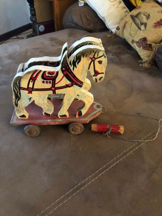 Vintage Farmhouse Folk Art Wooden Horse Pull Toy On Wheels Two Team Horses