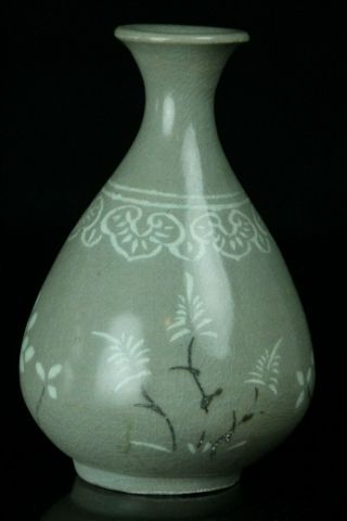 Oct293 Korean Goryeo Celadon Porcelain White&black Inlay Sake Bottle Vase