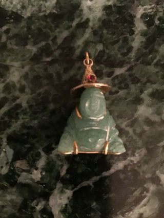 Vintage 14k Yellow Gold Green Jade Carved Buddha Pendant With Ruby Antique