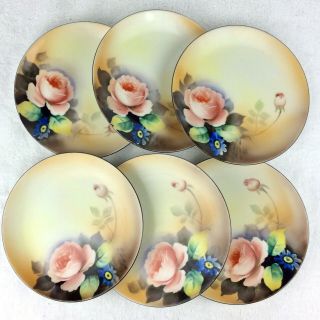6 Noritake :pink Rose: Dessert Plates Hand Painted Vintage M Mark Antique Floral