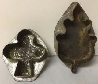 Pair (2) Small Vtg Or Antique Primitive Cookie Cutter Soldered Tin Club And Leaf