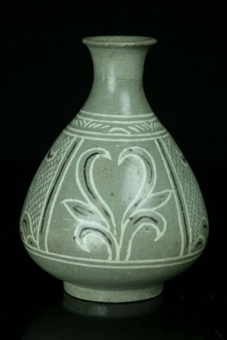 Oct294 Korean Goryeo Celadon Porcelain White&black Inlay Sake Bottle Vase