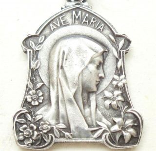 Gorgeous Art Nouveau Floral Decors Antique Silver Medal Pendant To Holy Mary
