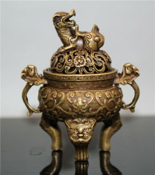 Old China Antique Brass Hand Carved Small Dragon Lion Lid Incense Burner