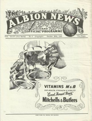 Football Programme Rare War - Time West Bromwich Albion Wba V Aston Villa 1943