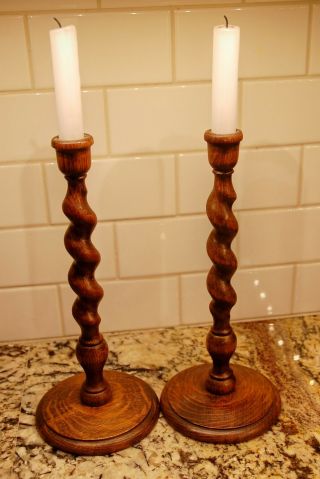 Antique Barley Twist Oak Candlesticks,  12 " Tall
