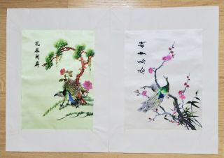 Chinese Silk Panel Vintage Mid Century Wall Art Peacock Bird Embroidery Set (2)