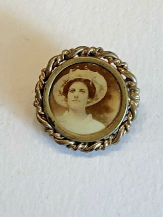 Antique Victorian Mourning Pin Brooch With Sepia Photograph Of Woman In Hat