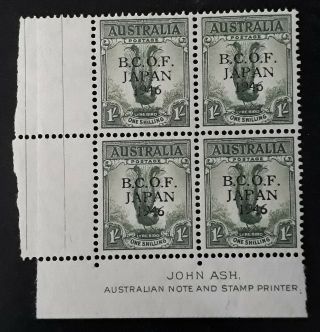 Rare 1947 - Australia Ash Imp Blk 4x1/ - Grey Green B.  C.  O.  F Japan 1946 O/p Stamps