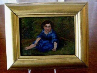 Antique 5 " X 7 " Oil Painting Of A Young Girl Sitting In Field Of Grass