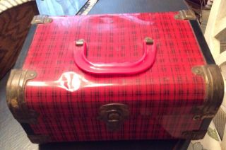 Vintage Metal Doll Carrying Case Box With Handle Red Plaid Design