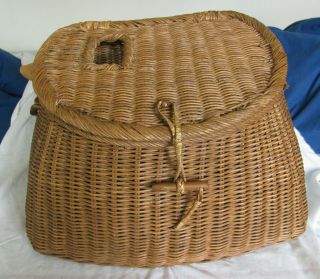 Large Vintage Wicker Fishing Creel W/ Leather Carry Strap -