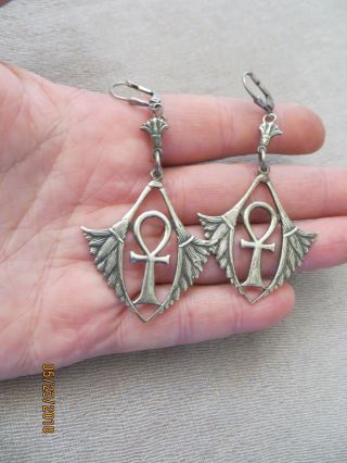 Antique Egyptian Revival Art Deco 800 Silver Dangle Hooks Earrings 2 3/4 " Long