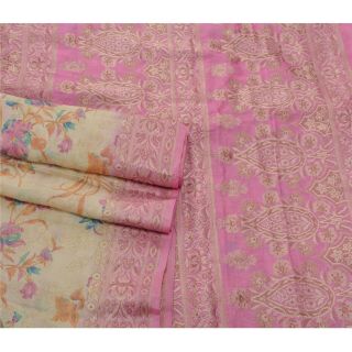 Sanskriti Vintage Cream Saree Pure Silk Woven Craft Fabric 5 Yard Floral Sari 2