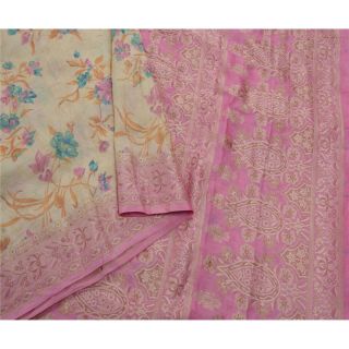 Sanskriti Vintage Cream Saree Pure Silk Woven Craft Fabric 5 Yard Floral Sari 3
